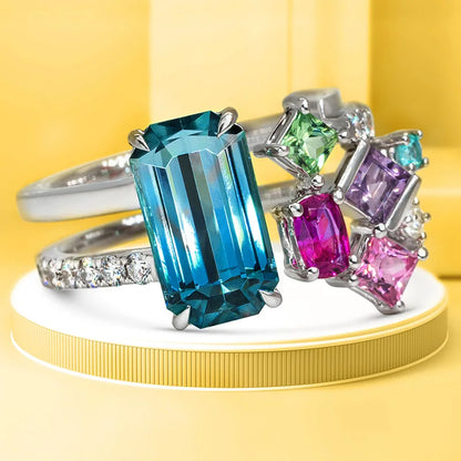 Q466 Women's Cocktail Ring Natural Aquamarine Emerald Cut Prong Setting Wedding Engagement Fashion Geometric Design