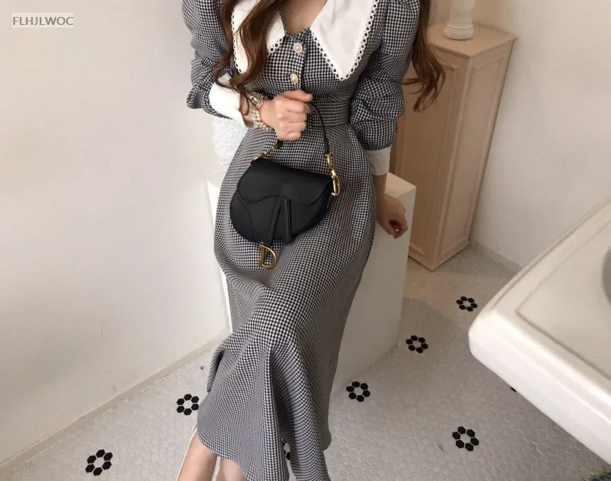 2021 Autumn Spring Basic Belt Plaid Shirt Dress Long Maxi Feminine Vestidos Chic Korea Design Clothes
