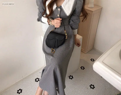 2021 Autumn Spring Basic Belt Plaid Shirt Dress Long Maxi Feminine Vestidos Chic Korea Design Clothes