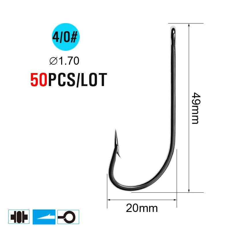 ICERIO 50PCS High Carbon Steel Barbed O'Shaughnessy Jig Hooks Saltwater Fishing Ringed Hooks Accessories Tackle