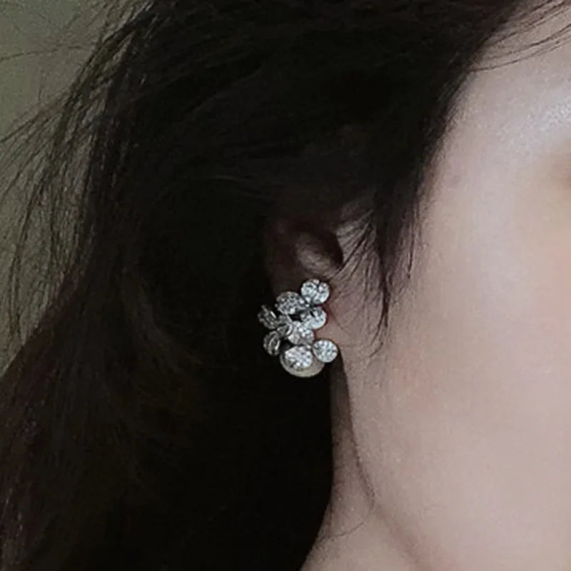 E3552 White Gold Flower Stud Earrings With Diamond Pav And Freshwater Pearl For Women Luxury Jewelry