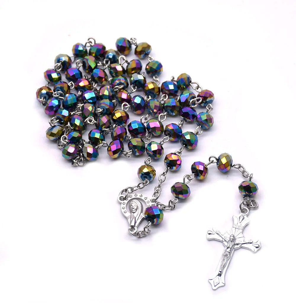 Rosary Cross Necklace Catholic Crystal Religious Beads Chain Children's Rosary Large Catholic Blue Young Bomb Party Jewelry