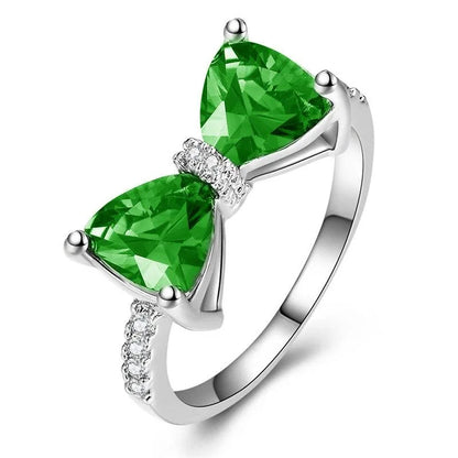 Glam Green Bowknot Gemstone Ring Women Lab Created Cubic Zirconia Trillion Cut Prong Setting Brass Copper Engagement May