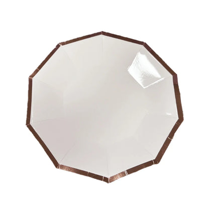 Eco-friendly Decagon Paper Plates Couples Birthday Party Food Safe Rose Gold Foil Trim Edge White Dinner Tableware Supplies