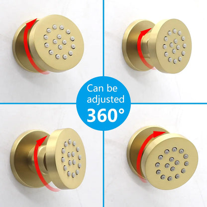 Brass Round Shower Body Spray Jets 6 Pack,2 Inch Brushed Gold Rain Shower Head Wall Mount Rainfall Shower Head Sprayer