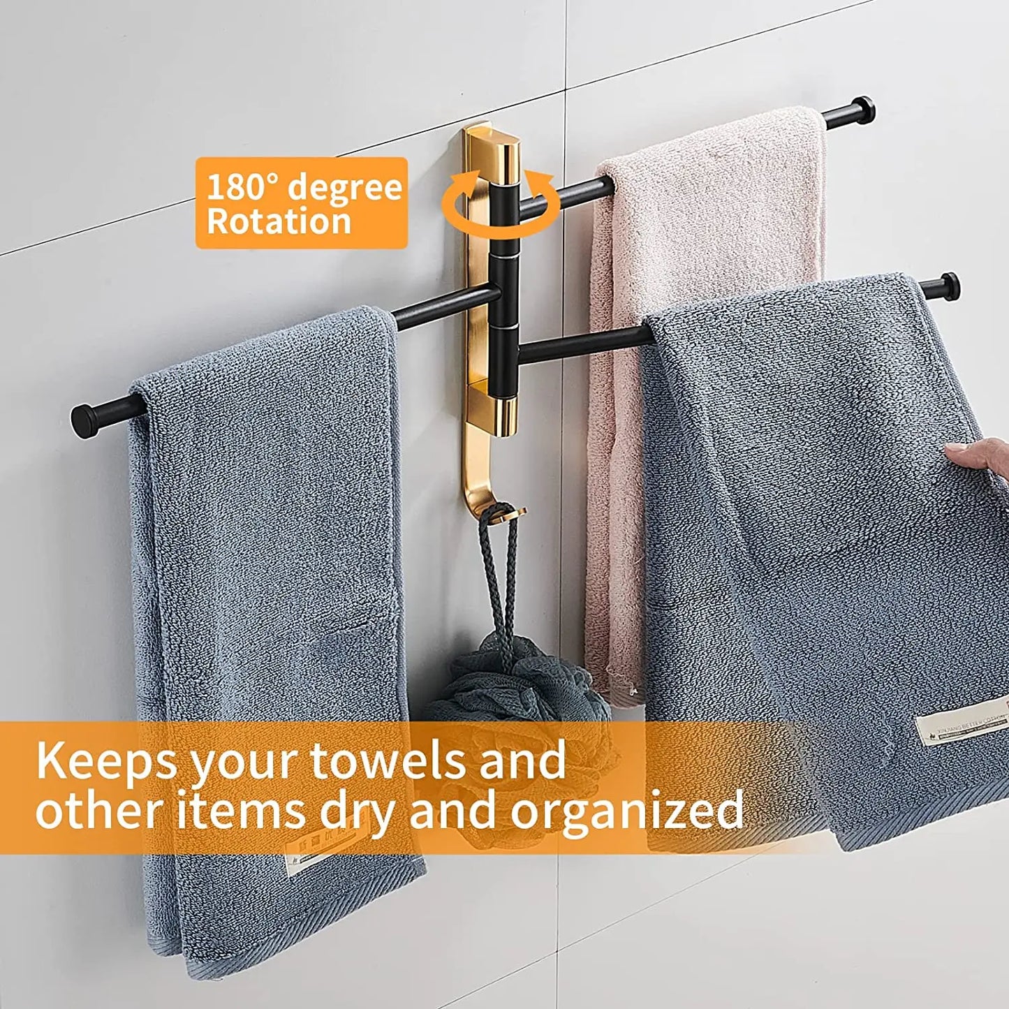 Hongdec Modern Bronze Finish Aluminum Double Towel Bars with Hooks for Bathroom Swing Towel Rack 3-Year Warranty
