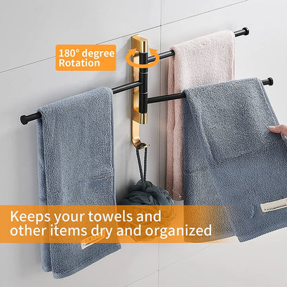 Hongdec Modern Bronze Finish Aluminum Double Towel Bars with Hooks for Bathroom Swing Towel Rack 3-Year Warranty