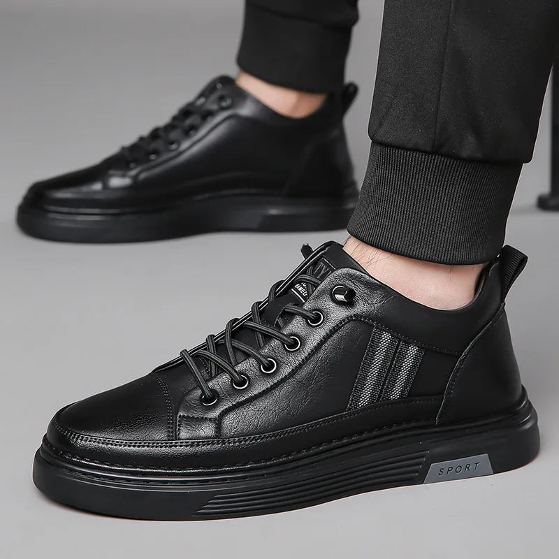 Men's Genuine Leather Lace up Round Toe Sporty Sport Shoes Black Autumn Plush Lined Soft Rubber Sole EVA Midsole Casual