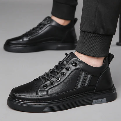 Men's Genuine Leather Lace up Round Toe Sporty Sport Shoes Black Autumn Plush Lined Soft Rubber Sole EVA Midsole Casual