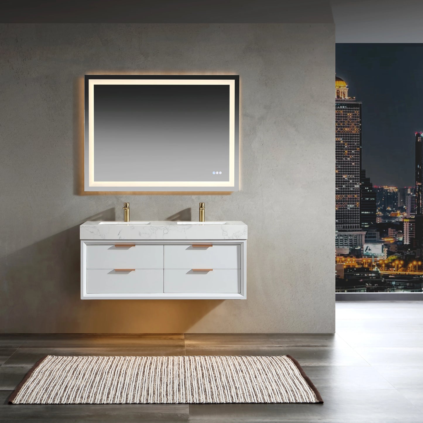 48 Inch White Beveled Edge Floating Bathroom Vanity Rubber Wood 12mm Sintered Stone Double Undermount Sink US Stock Homein