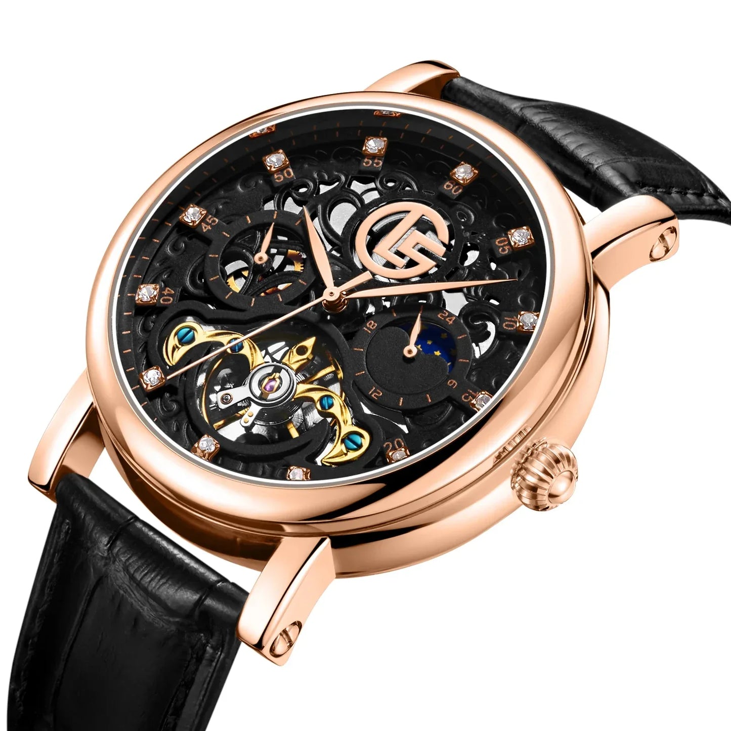 Tourbillon Watch for Men Mechanical Skeleton Mens Watches High Quality Luxury Engraved Vintage Moon Phase Leather Watch