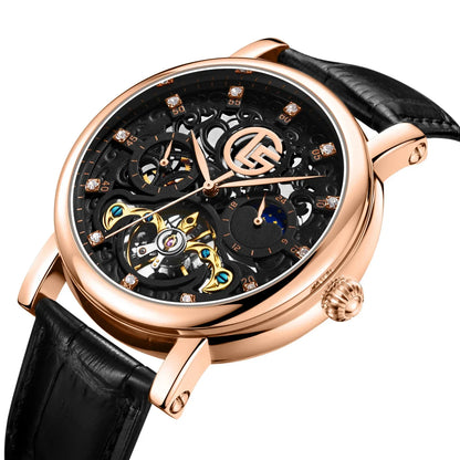 Tourbillon Watch for Men Mechanical Skeleton Mens Watches High Quality Luxury Engraved Vintage Moon Phase Leather Watch