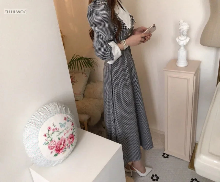 2021 Autumn Spring Basic Belt Plaid Shirt Dress Long Maxi Feminine Vestidos Chic Korea Design Clothes