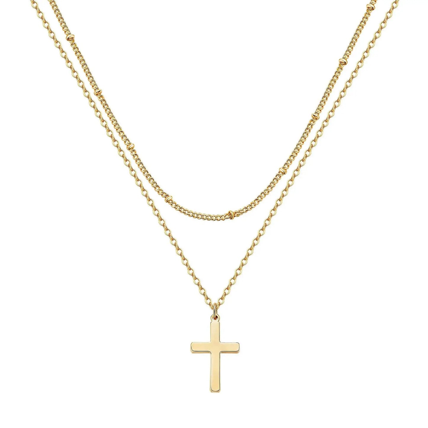 Simple Stainless Steel Cross Chain Clip Bead Necklace Stainless Steel Double Layer Cross Multi-Layer Necklace Women