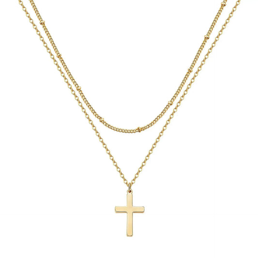 Simple Stainless Steel Cross Chain Clip Bead Necklace Stainless Steel Double Layer Cross Multi-Layer Necklace Women