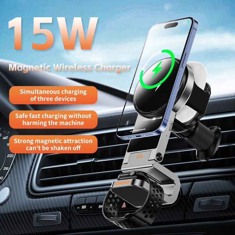 3-in-1 Magnetic Car Phone Smart Watch Smart Headset Car Wireless Charger Phone Holder Magnetic  Phone Holder for Car 2025 New