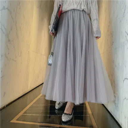 TingYiLi Elegant Tulle Skirt Autumn Winter Big Swing Women Skirt Korean Cute Pink Green Gray Blue Brown Black Long Skirt Tutu