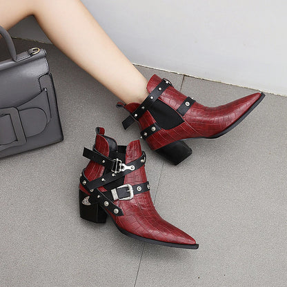 Motorcycle Western Cowboy Boots Women Snake PU Leather Short Cossacks High Heels Pointed Cowgirl Booties Buckle Womens Shoes
