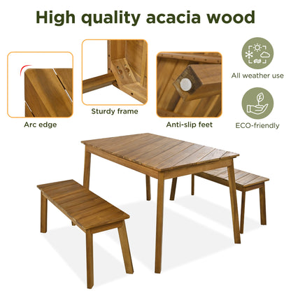 3-Piece Modern Oak Wood Dining Set with 2 Benches Portable Outdoor & Indoor Furniture for 6