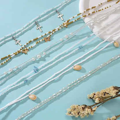 8Pcs 31.5 Inches Waist Bead Chain Elastic Belly Beads Butterfly Layered Body Chain Colorful Jewelry Accessories for Women