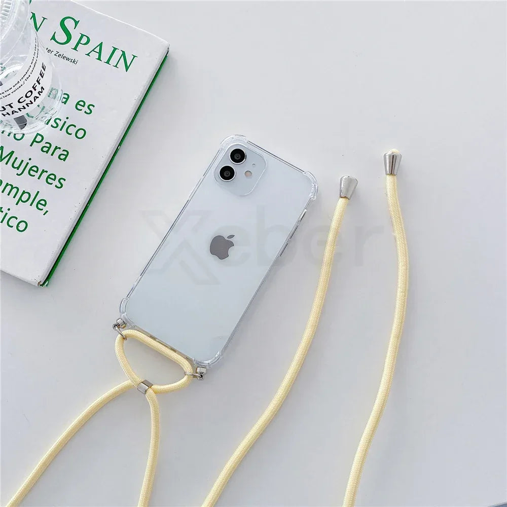 Necklace Lanyard Strap Chain Phone Case For iPhone 16 15 14 13 Pro Max 12 11 XS X XR Mini 7 8 Plus Transparent Soft Rope Cover