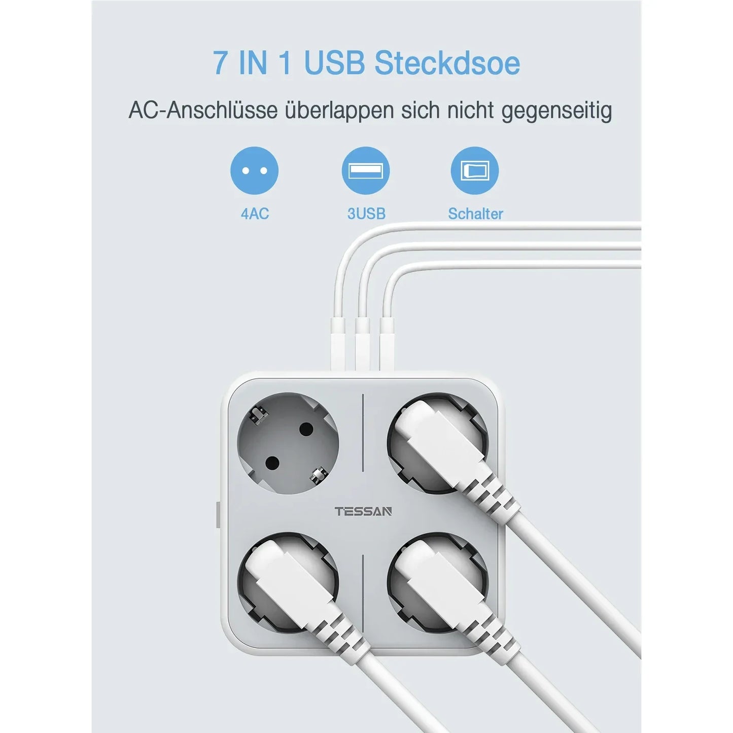 TESSAN Multiple Wall Socket Power Strip with 4 AC Outlets & 3 USB Ports 7 in 1 Adapter Overload Protection for Home Office