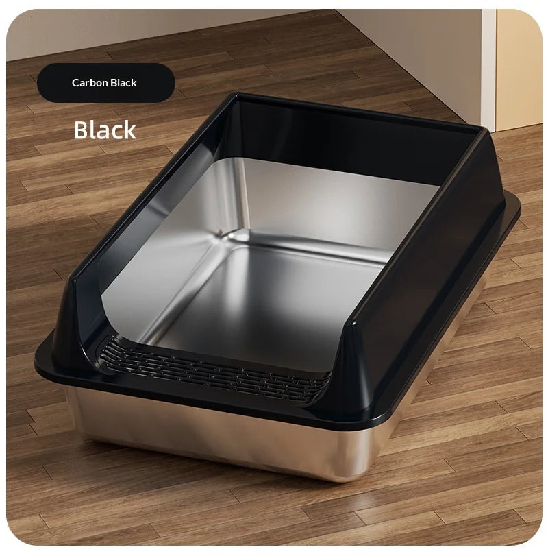 Stainless Steel Semi-closed Rectangular Cat Litter Box with Top-in Lid Anti-splash High Fence Pet Cleaning