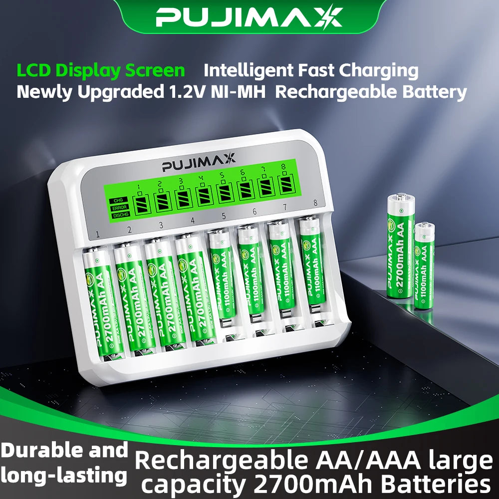 PUJIMAX Eight Slot AA AAA Battery Charger Ni-cd Nickel-Metal Hydride Battery Portable Battery Charger with Overcharge Protection