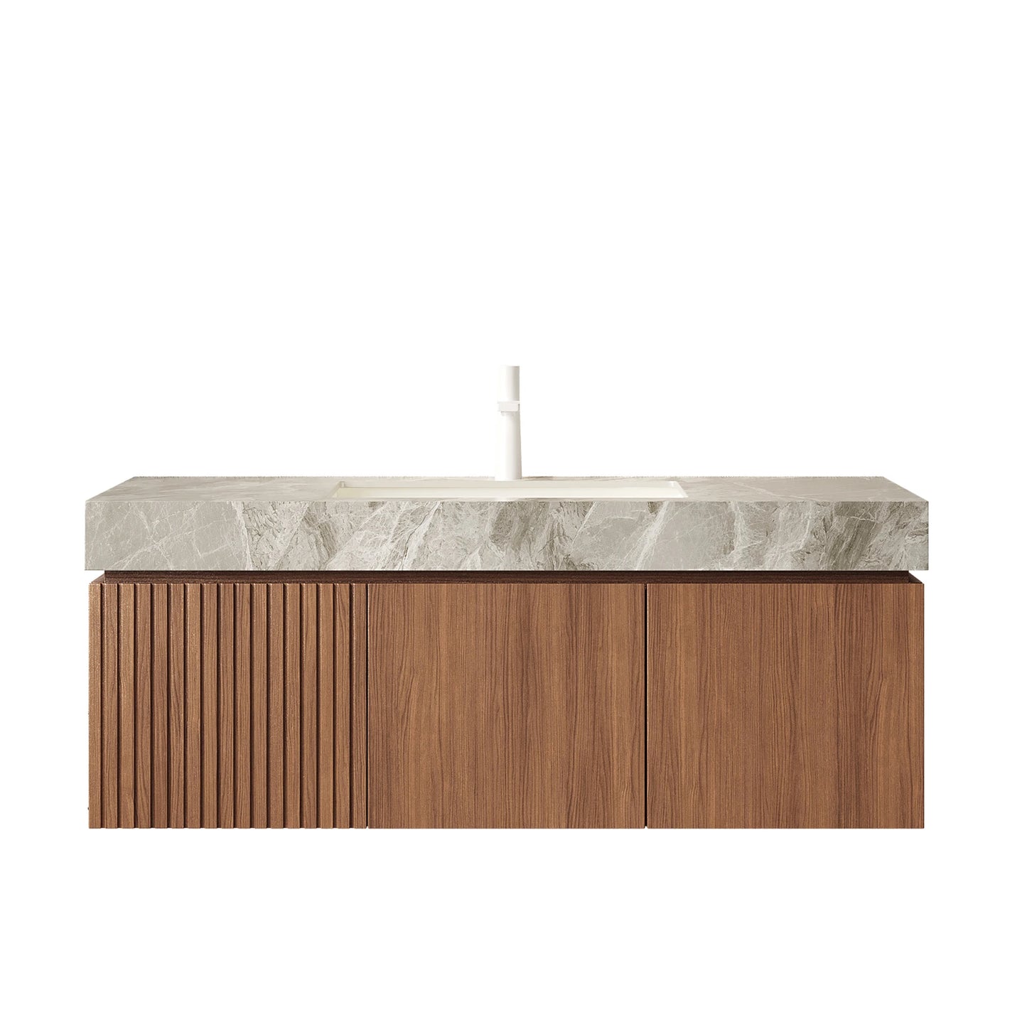 48 Inch Brown Oak Fluted Floating Bathroom Vanity Plywood Sintered Stone Ceramic Basin Free Shipping USA Homein