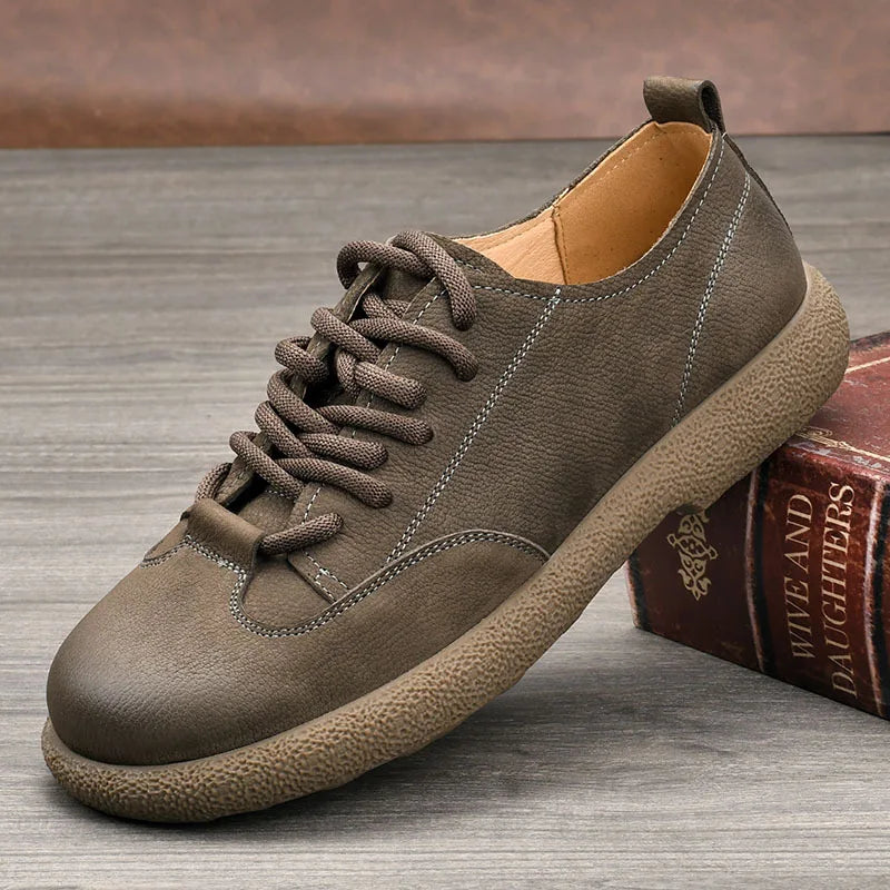 Genuine Leather Men's Round Toe Lace-up Boat Shoes Summer Breathable Rubber Outsole EVA Midsole Solid Pattern Casual Wear