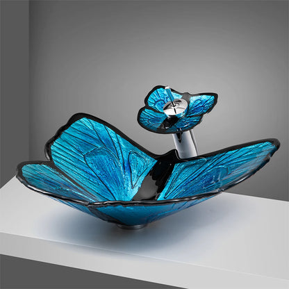 Deluxe Blue Art butterfly Tempered Glass Table Top Wash Basin for Public Toilet Family Bathroom Hotel Shower Room Sinks
