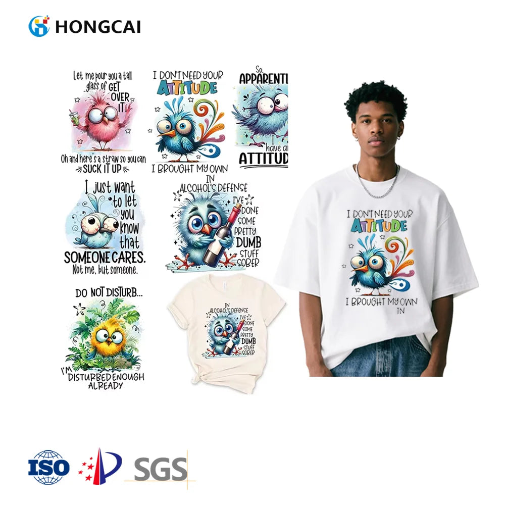 Hongcai Wholesale PET Fabric Heat Transfer Printing Stickers Plastisol T-Shirt Clothing Heat Press Stickers for T-Shirt
