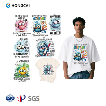 Hongcai Wholesale PET Fabric Heat Transfer Printing Stickers Plastisol T-Shirt Clothing Heat Press Stickers for T-Shirt