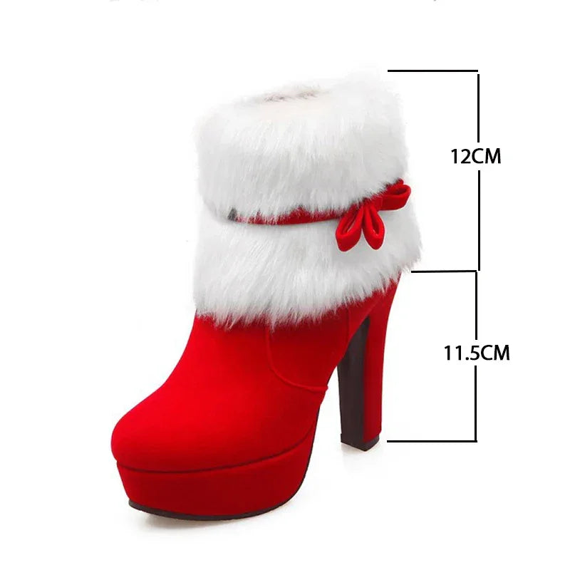 Winter Women Boots Christmas Ankle Boots High Heels Ladies Shoes Femme Warm Short Boots Red Black Shoes  Size 35-43