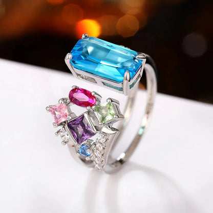 Q466 Women's Cocktail Ring Natural Aquamarine Emerald Cut Prong Setting Wedding Engagement Fashion Geometric Design