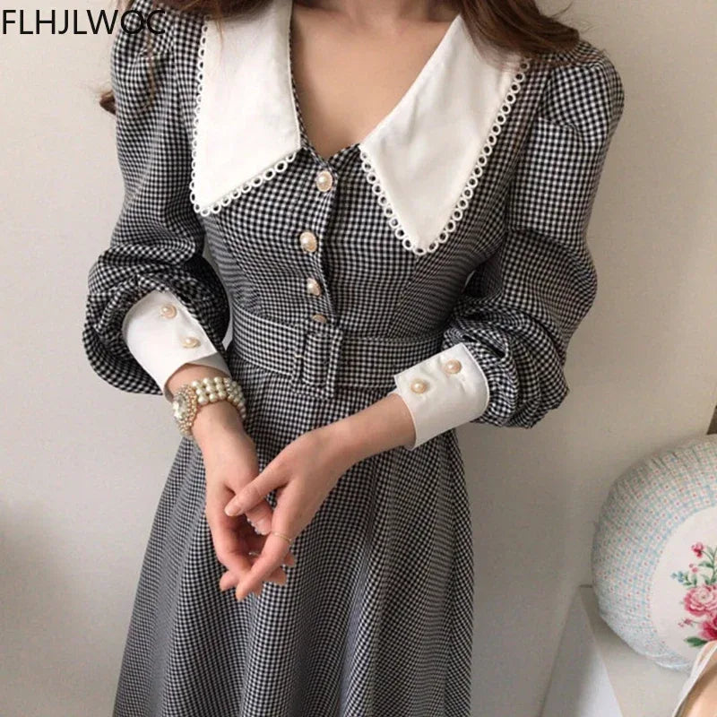 2021 Autumn Spring Basic Belt Plaid Shirt Dress Long Maxi Feminine Vestidos Chic Korea Design Clothes