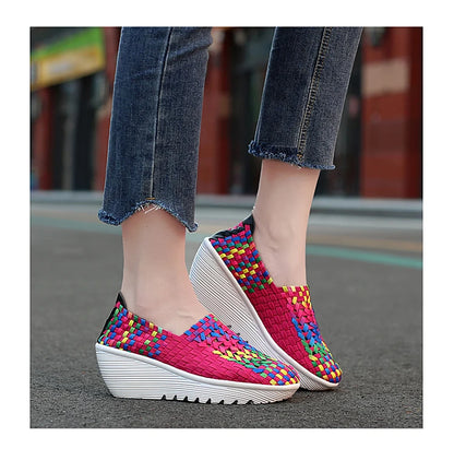 New Women Sneakers Summer Casual Shoes Woven Flat Platform Women's Shoes Breath Loafers Lady Footwear Soft Zapatos Plus Size 42