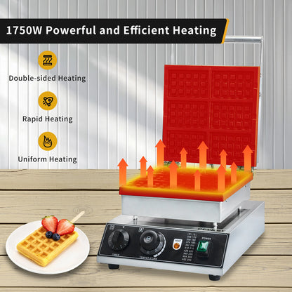 1750W Commercial Stainless Steel Non-Stick Waffle Maker 50-300℃ Commercial Flip Balance Heating Waffle Iron 6pcs Honeycomb New