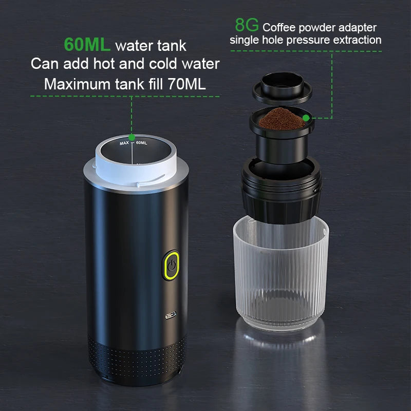 2025 USB Rechargeable Battery-Powered 20 Bar Portable Automatic Espresso Coffee Maker for Car Use Plastic Cappuccino Function