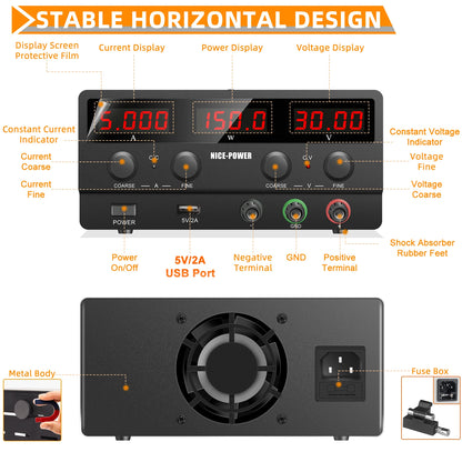 NICE-POWER SPS-H305 Black 30V 5A Repair Usb Switching Variable Adjustable Digital Bench Mini Voltage Dc Power Supply