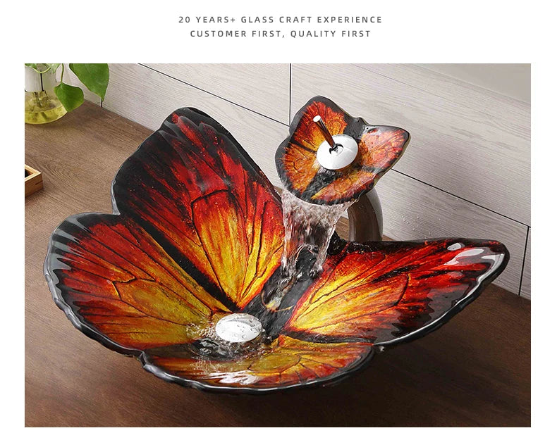 Deluxe Blue Art butterfly Tempered Glass Table Top Wash Basin for Public Toilet Family Bathroom Hotel Shower Room Sinks