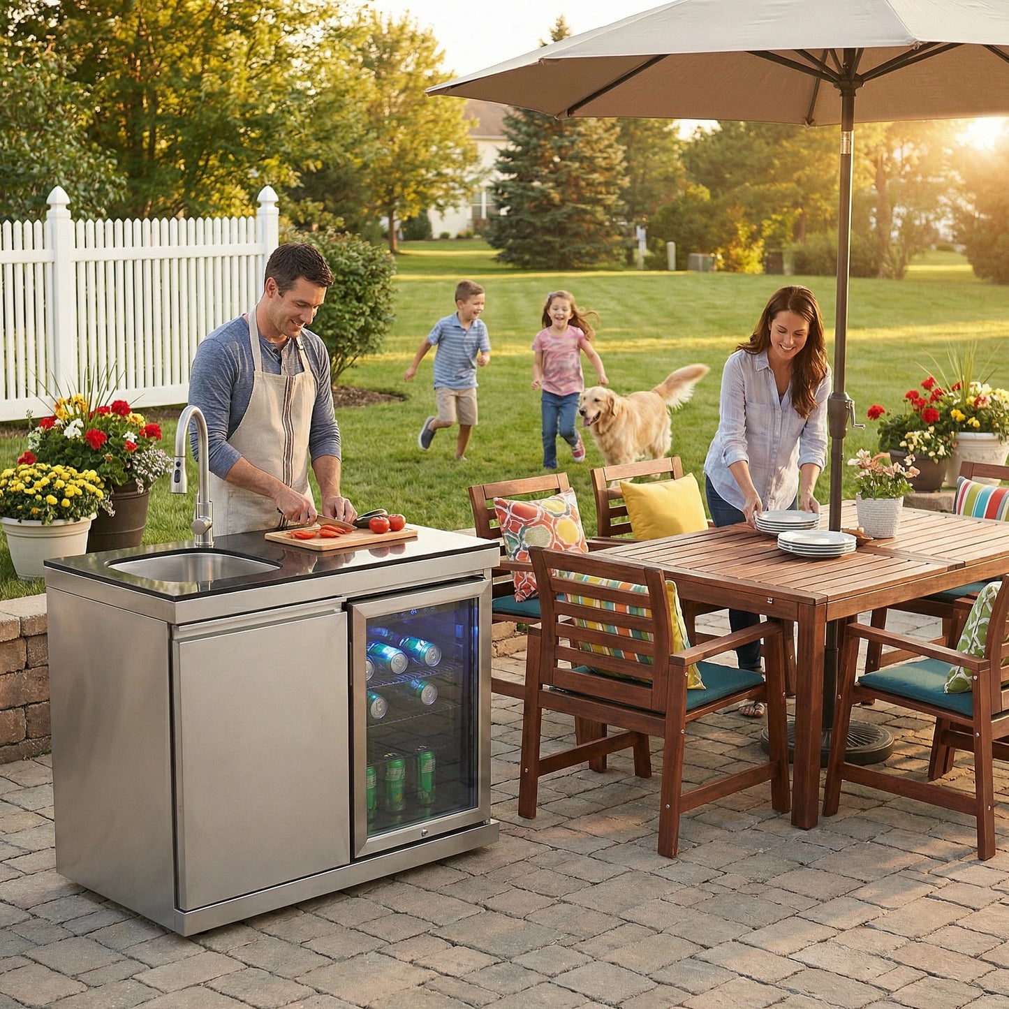 Sink Fridge Combo Outdoor Kitchen 70L Refrigerator Portable Durable 3-Burner OE Home Pull-Down Faucet Brushed SS Granite BBQ