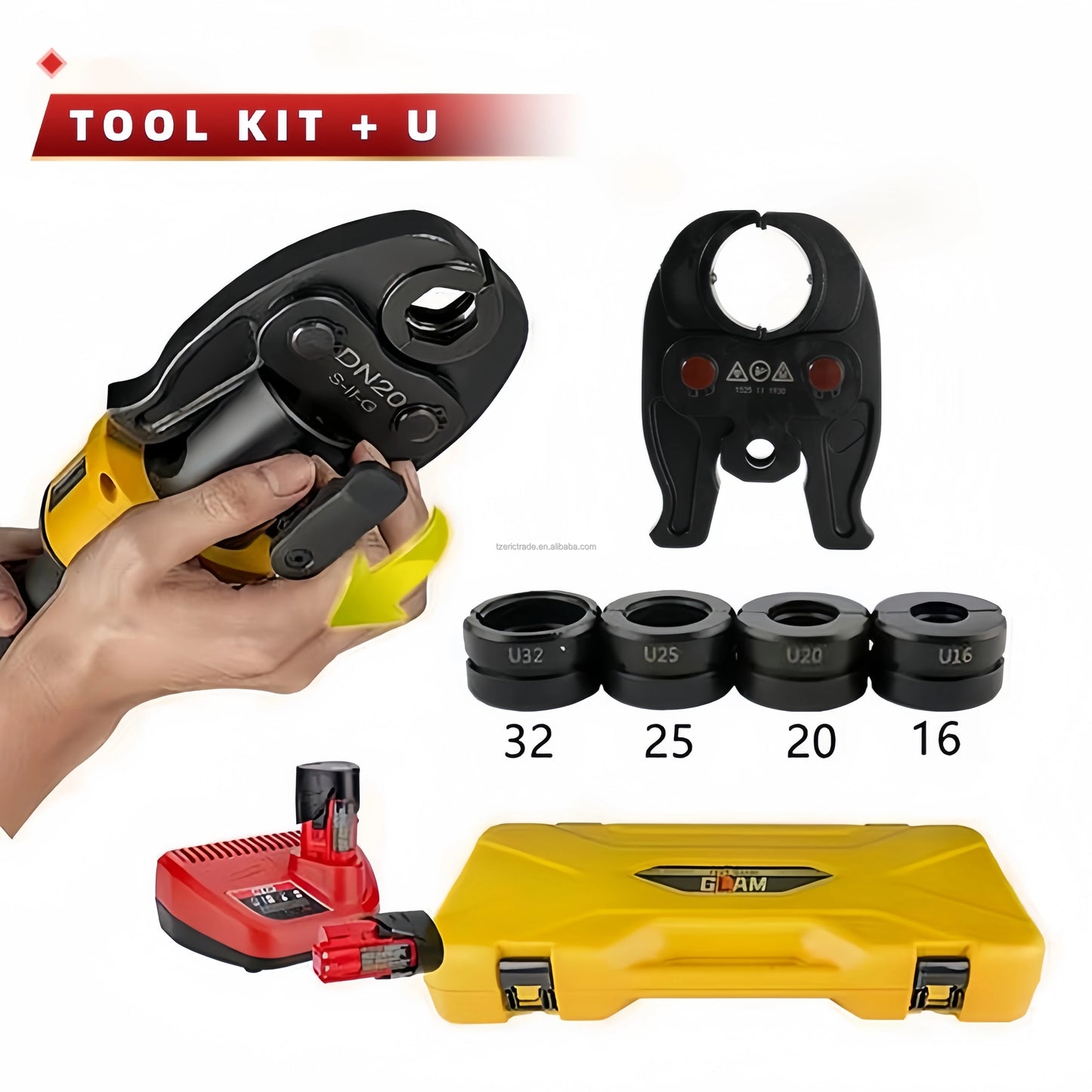 HHYD-1532 Electric Hydraulic Crimping Tool Kit With Compact Propress Jaws U16-32mm for Copper PEX Stainless Steel Plumbing Pipes