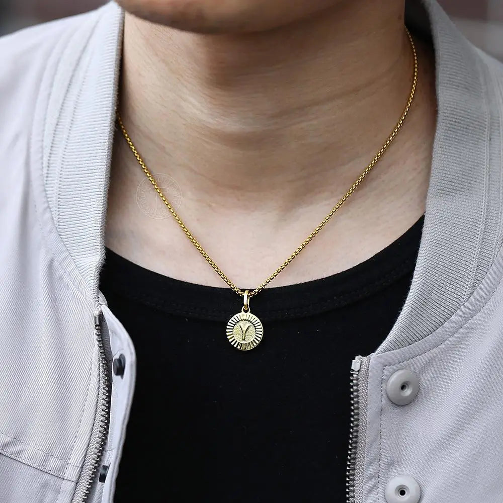 Initial Letter Pendant Necklaces Round Charm Stainless Steel Box Link Chain for Women Men Jewelry Gift
