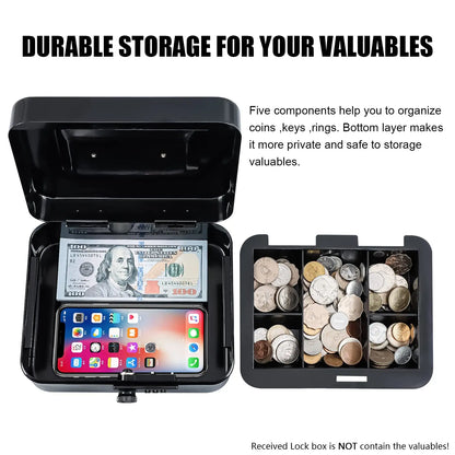 AJF Black Cold Rolled Steel Cash Safe Box Combination Lock Secure 7.87"x6.30"x3.54" Money Tray for Indoor/Outdoor Use Model