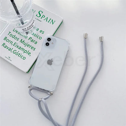 Necklace Lanyard Strap Chain Phone Case For iPhone 16 15 14 13 Pro Max 12 11 XS X XR Mini 7 8 Plus Transparent Soft Rope Cover