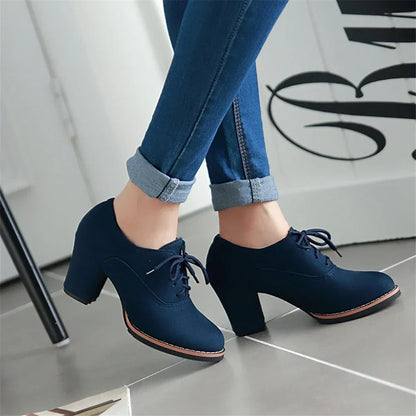 Vintage Women Lace Up Pumps Square Heel Round Toe High Heels British Style Oxfords Autumn Low Top Student Shoes Blue Booties 33