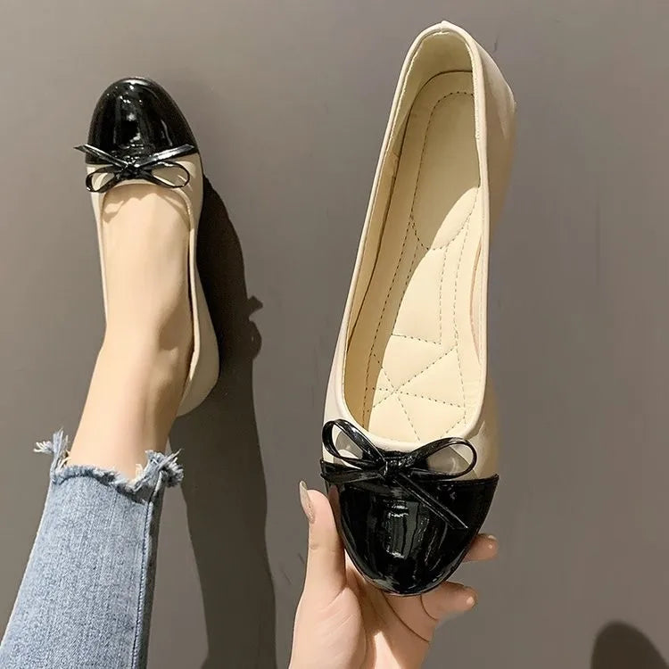 Big Size Spring New Fashionable Round Head Flat Bottom Fashion Casual Women's Shallow Mouth Casual Bow Women's Single Shoes