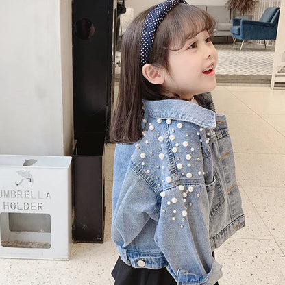 Pearls Beading Denim Jacket For Girls Fashion Coats Children Clothing Autumn Baby Girls Clothes Outerwear Jean Jackets Coat