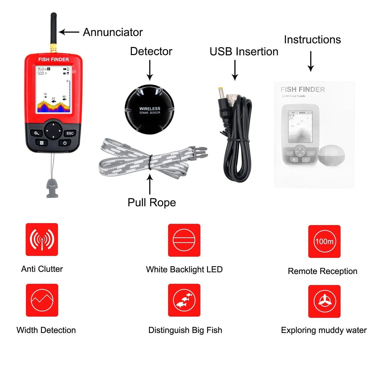 Wireless Sonar Underwater Visual HD Fishing Finder Detector Ultrasonic  Fish Finder LCD Display 100m Width and 40m Depth